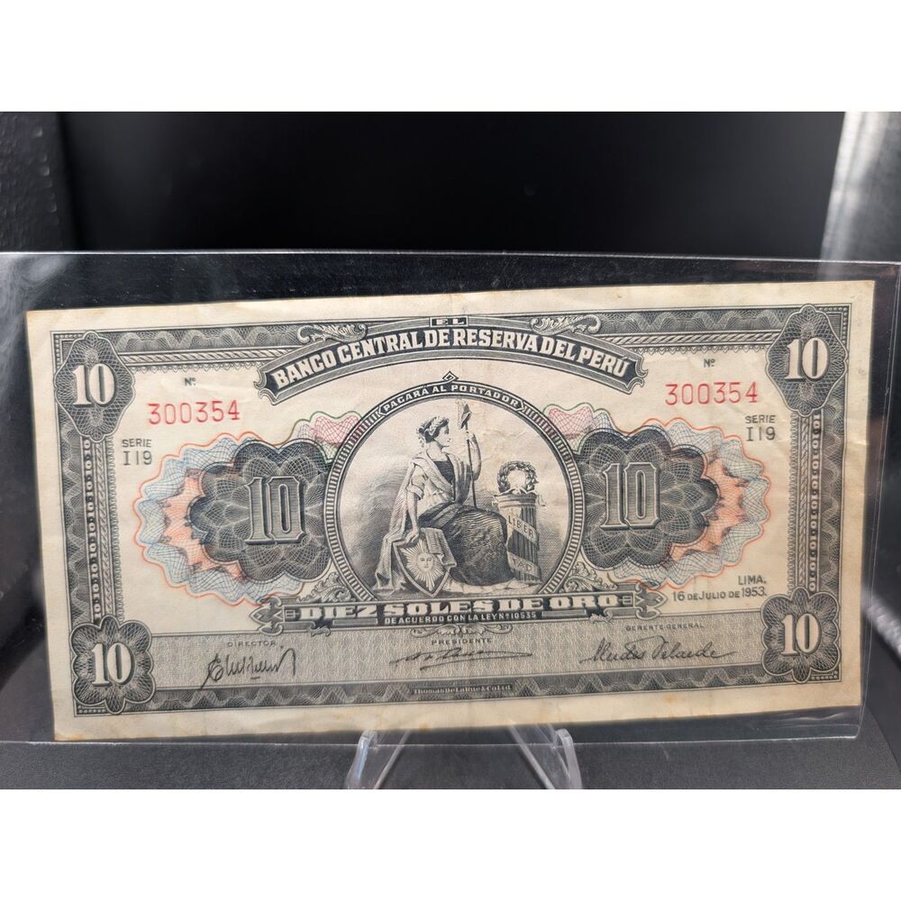 Vintage 1953 Peru 10 Soles de Oro Banknote Seated Liberty Paper Money Currency